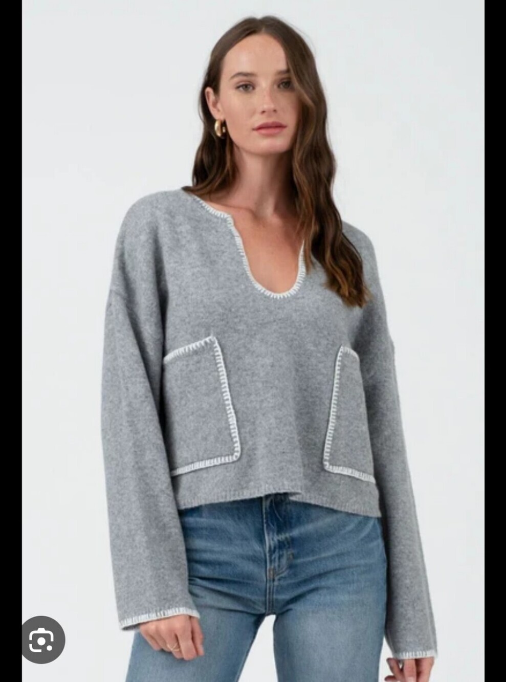 Christian Lacroix Gray V-Neck Pocket Sweater with Contrast Stitch
